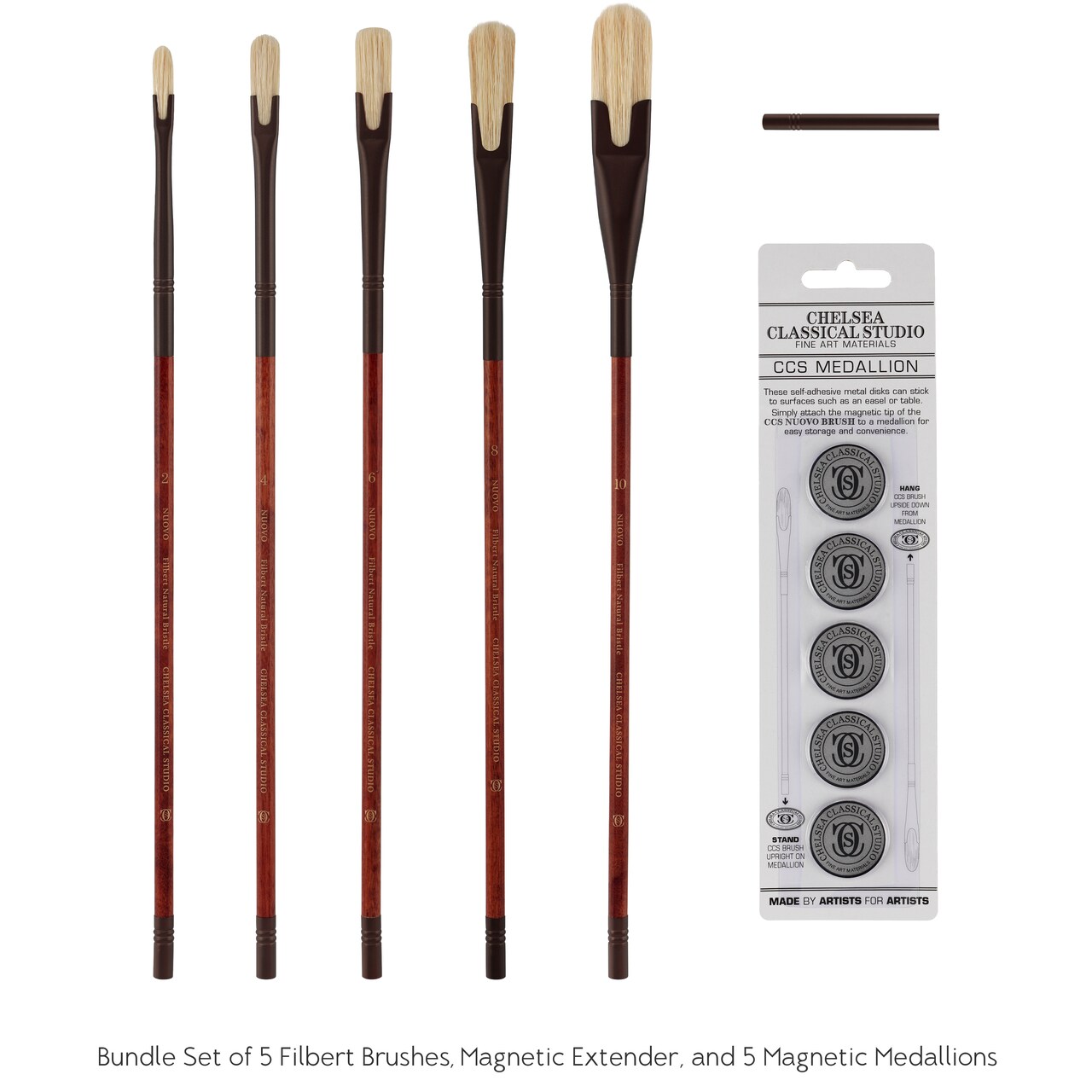 Chelsea Classical Studio Nuovo Magnetic End Artist Brush - Long Filbert Set of 5 Assorted Sizes, Natural Hog Bristle Art Oil Brush, with 5 Magnetic Extensions, Balanced Non-Tapered 13 Inch Long Handle